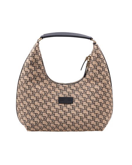 Shop ELISABETTA FRANCHI  Bag: Elisabetta Franchi large Hobo bag in jacquard raffia.
Lining in cotton.
Shoulder strap in leather effect fabric.
Hot-engraved logo plate.
Double zip closure.
Composition: 55% Polyester 45% Polyamide.
Made in Italy.. BS22A42E2-BD9PAGLIA/NERO